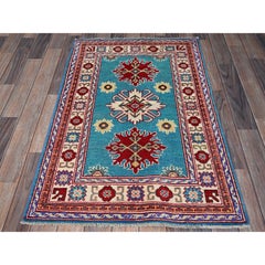 2'7"x4'1" Blue Kazak with Tribal Medallions Design Soft Wool Hand Knotted Rug