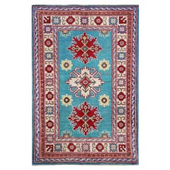 2
7 "x4
1" Blauer Kazak mit Stammes-Medaillons Design Weiche Wolle Handgeknüpft Teppich