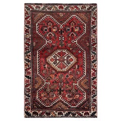 Tappeto rosso Vintage persiano Shiraz con motivo geometrico annodato a mano in lana