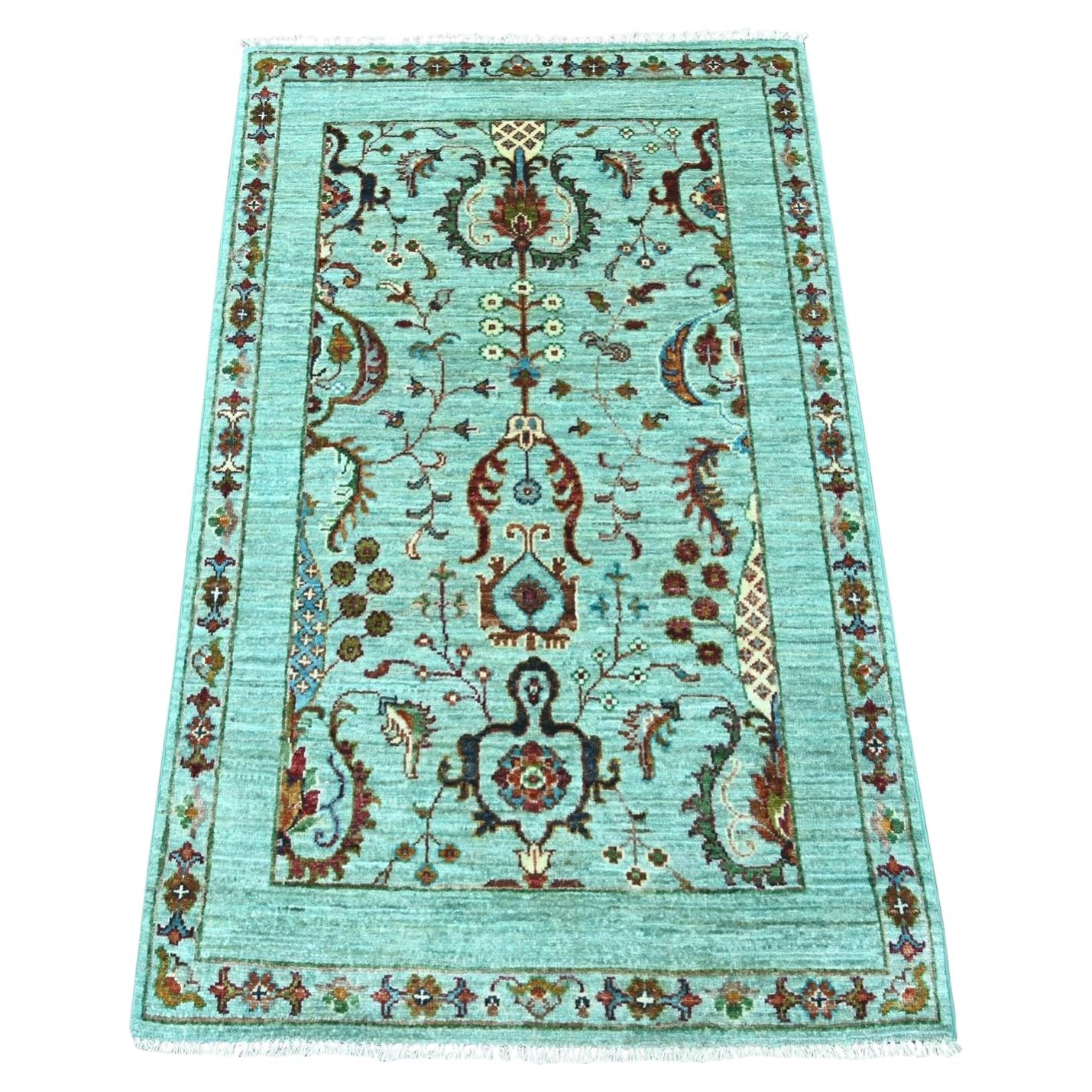 2'7"x4'2" Green Afghan Sultani with All Over Design Hand Knotted Pure Wool Rug