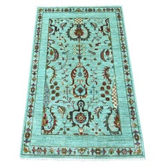 2'7"x4'2" Green Afghan Sultani with All Over Design Hand Knotted Pure Wool Rug