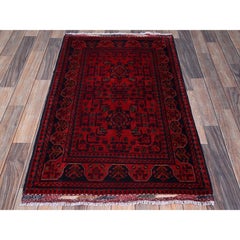 2'7"x4'2" Red Afghan Khamyab with Tribal Design Soft Wool Hand Knotted Mat Rug