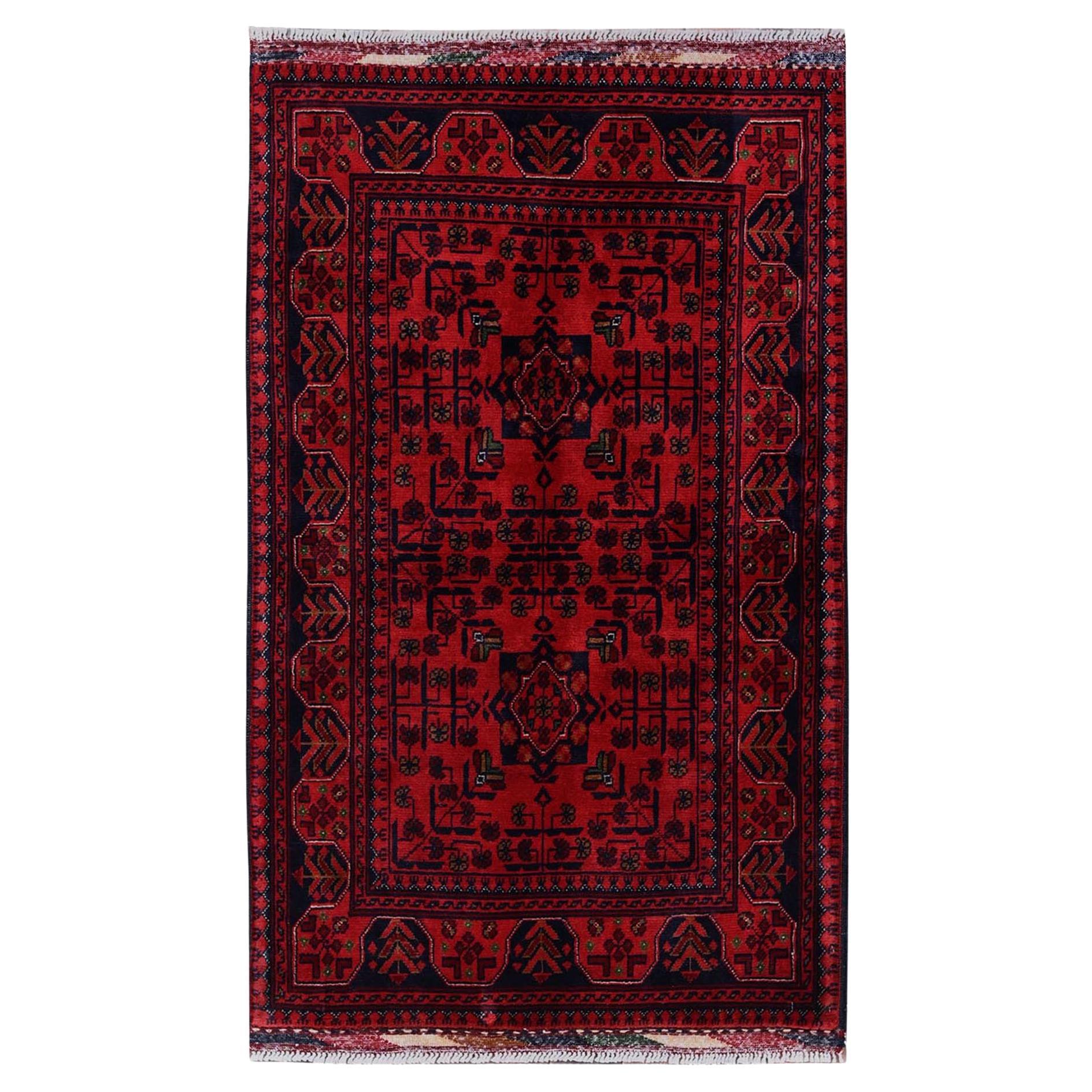 2
7"x4
2" Red Afghan Khamyab with Tribal Design Soft Wool Hand Knotted Mat Rug For Sale
