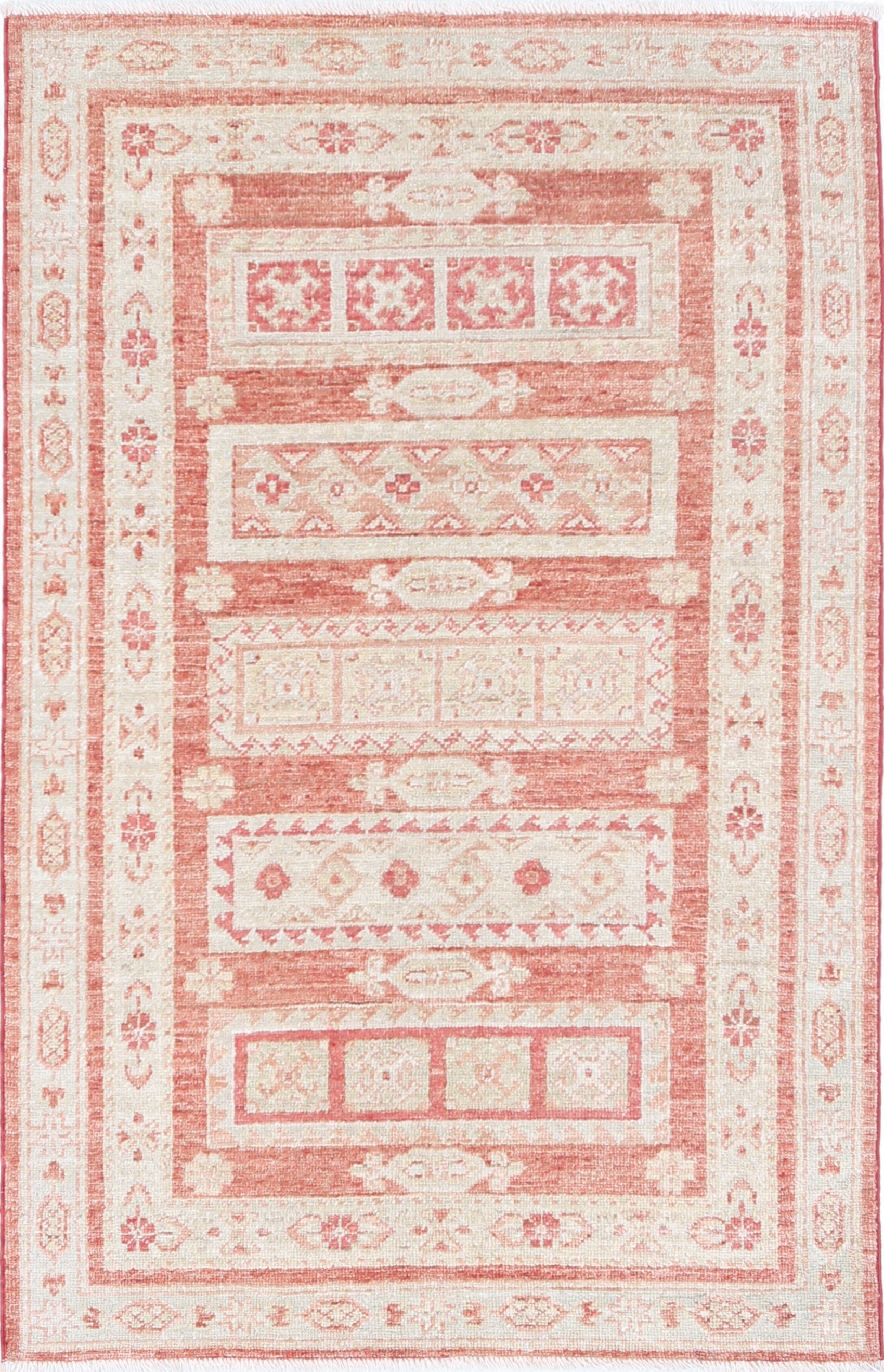 Tappeto rosso, avorio, 2.7x4.3 ft annodato a mano. Tappeto turco con motivo geometrico