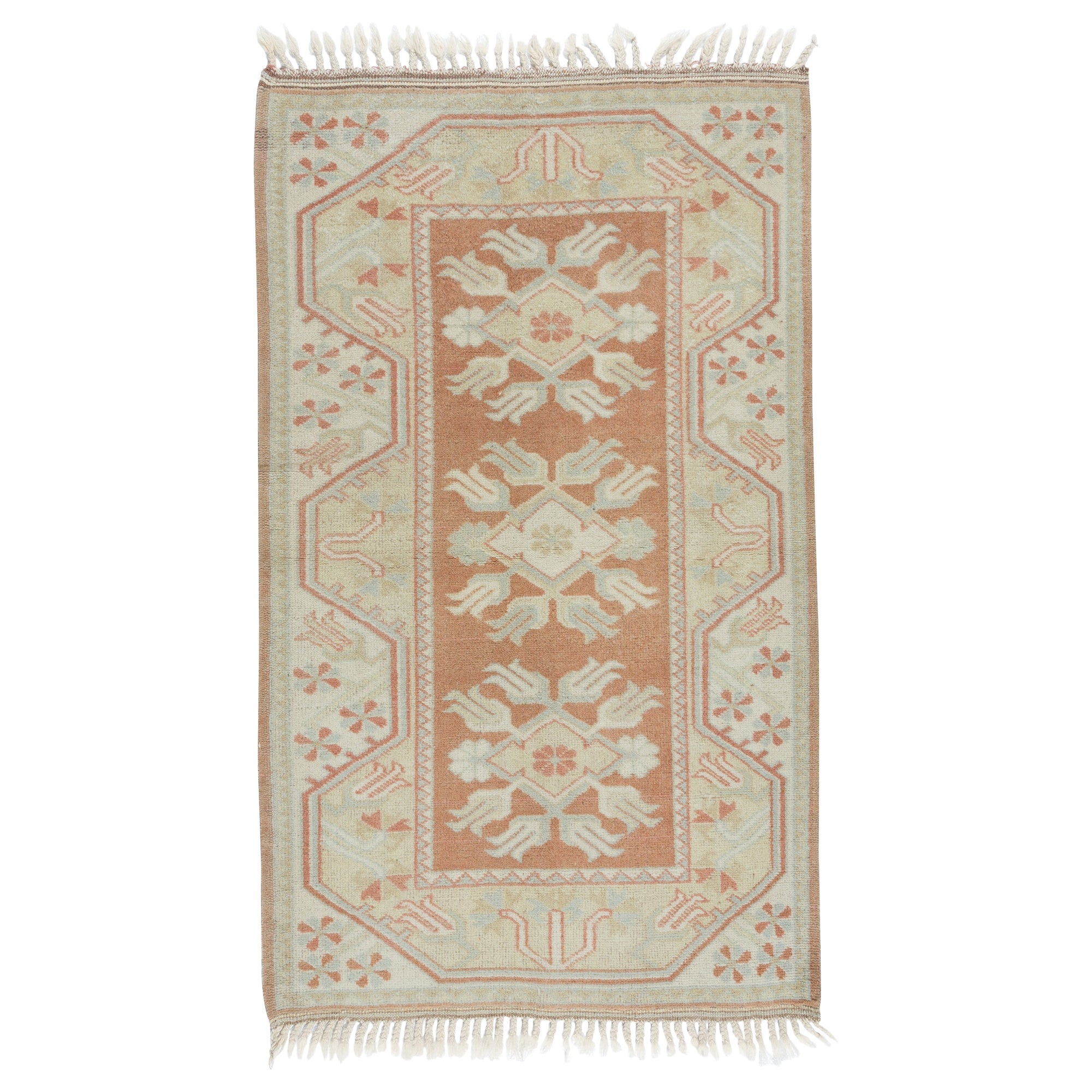 2,7x4.3 Ft Vintage Handgefertigter Anatolian Milas Kleiner Teppich in Beige und weichem Rot in Vintage-Farben
