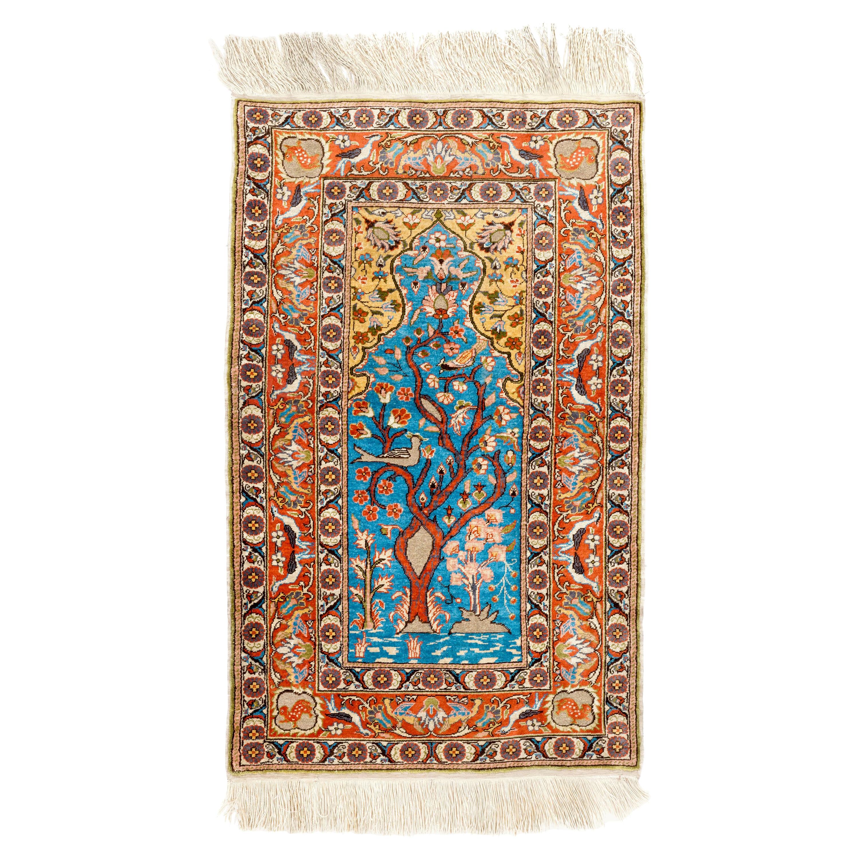 27x44 in Fine Silk & Metal Thread Pictorial Rug, Splendid Turkish Wall Hanging For Sale