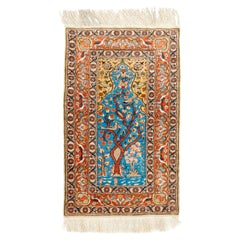 Retro 27x44 in Fine Silk & Metal Thread Pictorial Rug, Splendid Turkish Wall Hanging