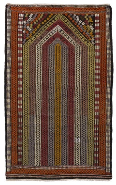 27x44 in Vintage Anatolian Jajim Kilim Prayer Rug in Orange, Burgundy and Ivory