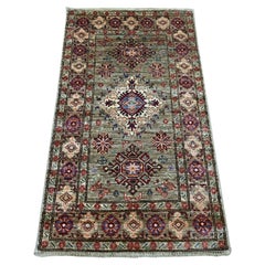 2'7"x4'6" Sage Green Hand Knotted Afghan Super Kazak Pure Wool Rug