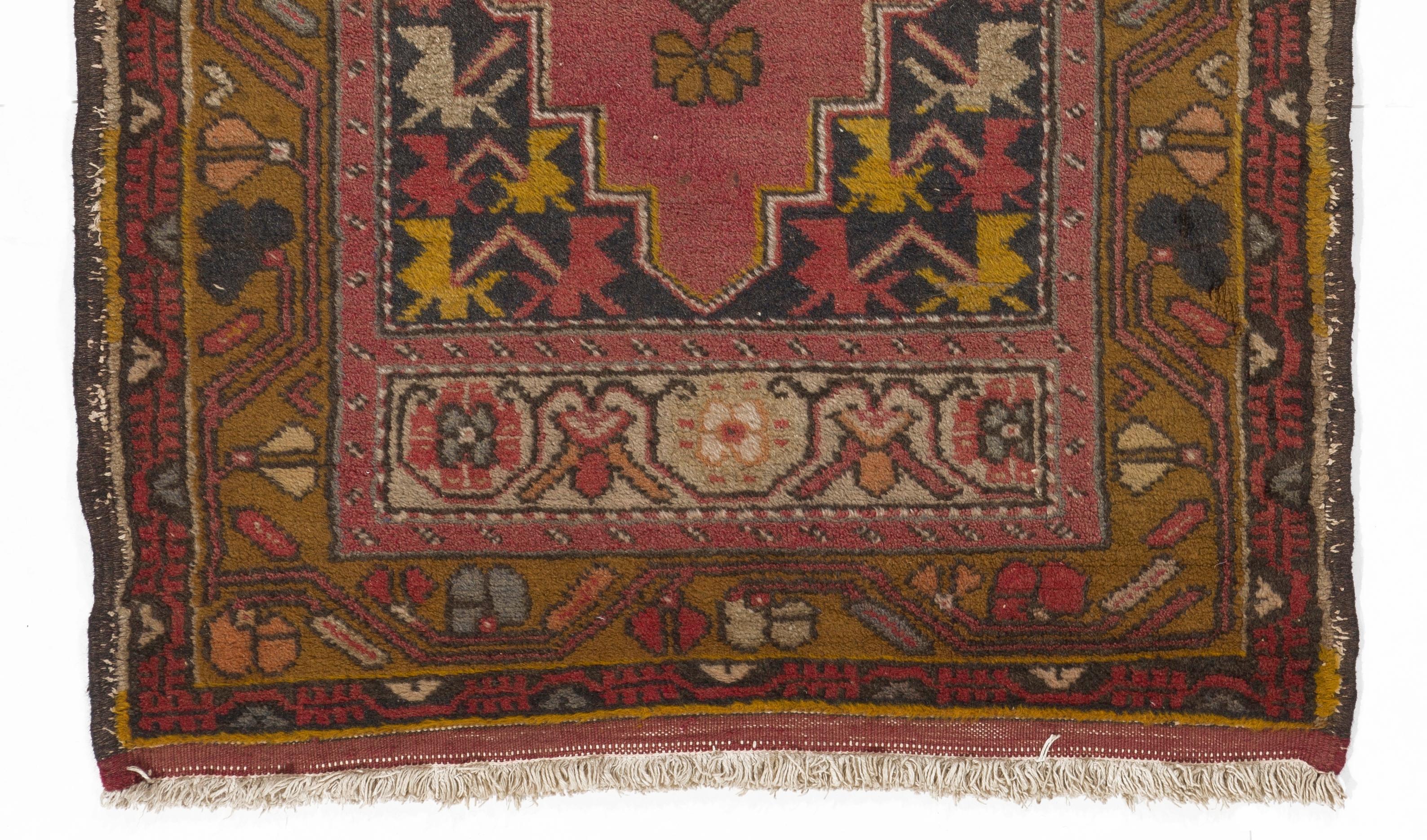 Hand-Knotted One-of-a-Kind Vintage Turkish Village Accent Rug, Handmade Wool Carpet For Sale