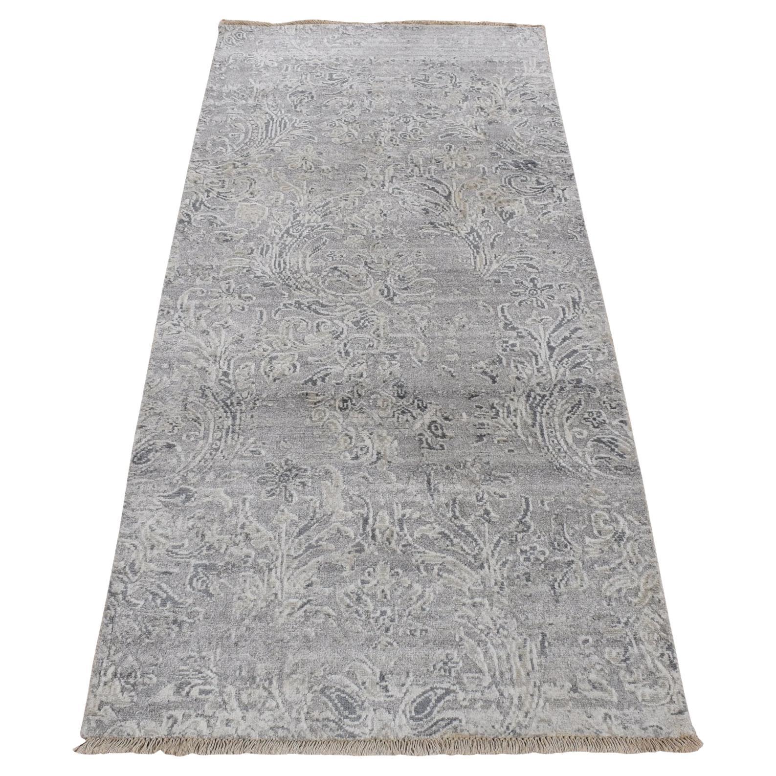 2
7 "x5
10" Alfombra de Lana y Seda Gris Anudada a Mano Diseño Damasco Tono Sobre Tono