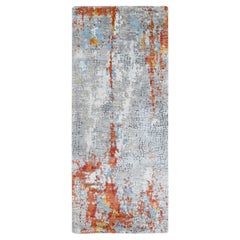 2'7 "x5'10" Tapis de course en laine et soie nouée à la main, design abstrait orange-gris
