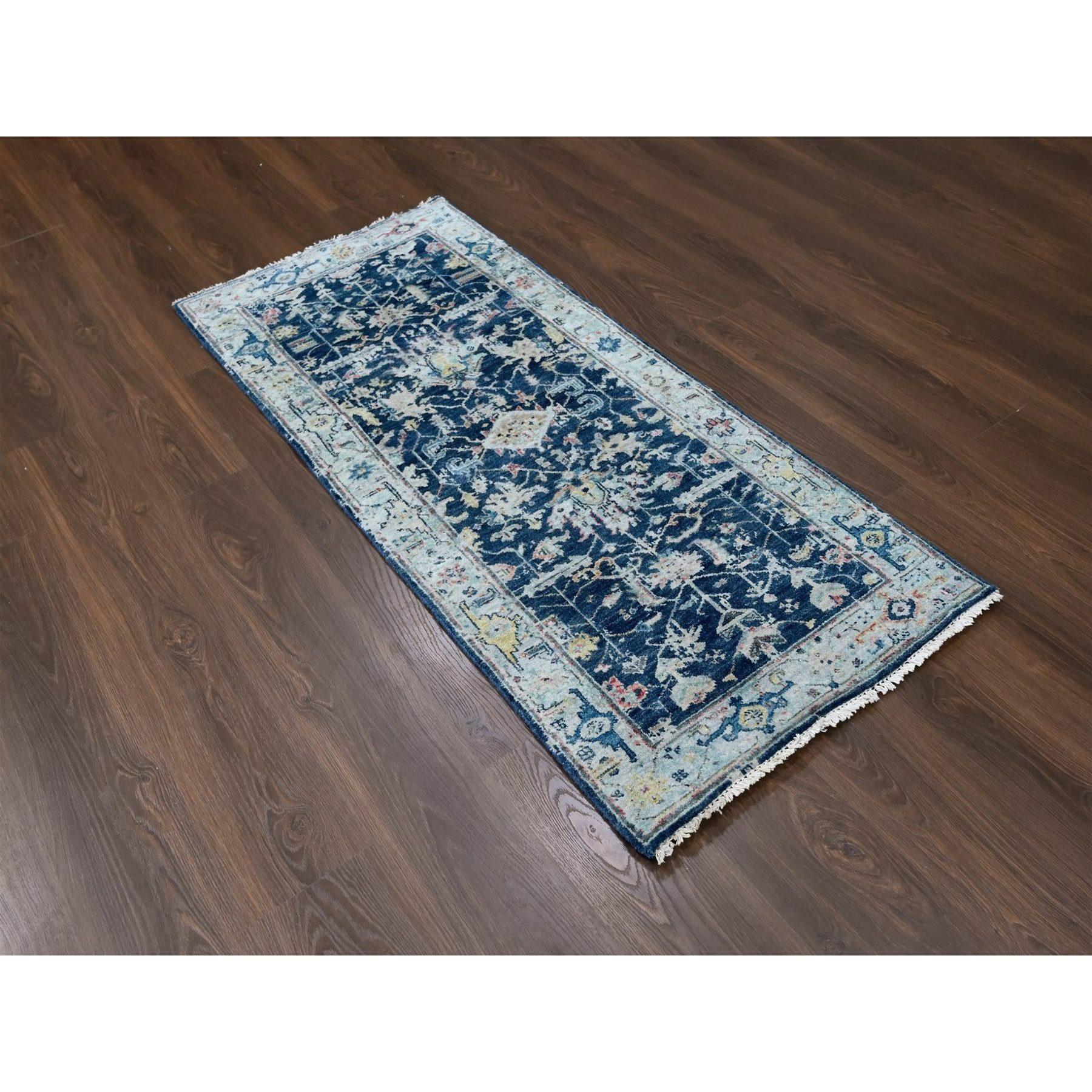 Yale Blue, Broken and Erased Persian Heriz All Over Design, Soft Color Palette, Hand Knotted, 100% Wool, Denser Weave, Runner, Oriental Rug
Primary materials: Wool
Latex: No Pile 
height: 0.25 Inches
Style: Traditional
Primary color: Blue
Secondary