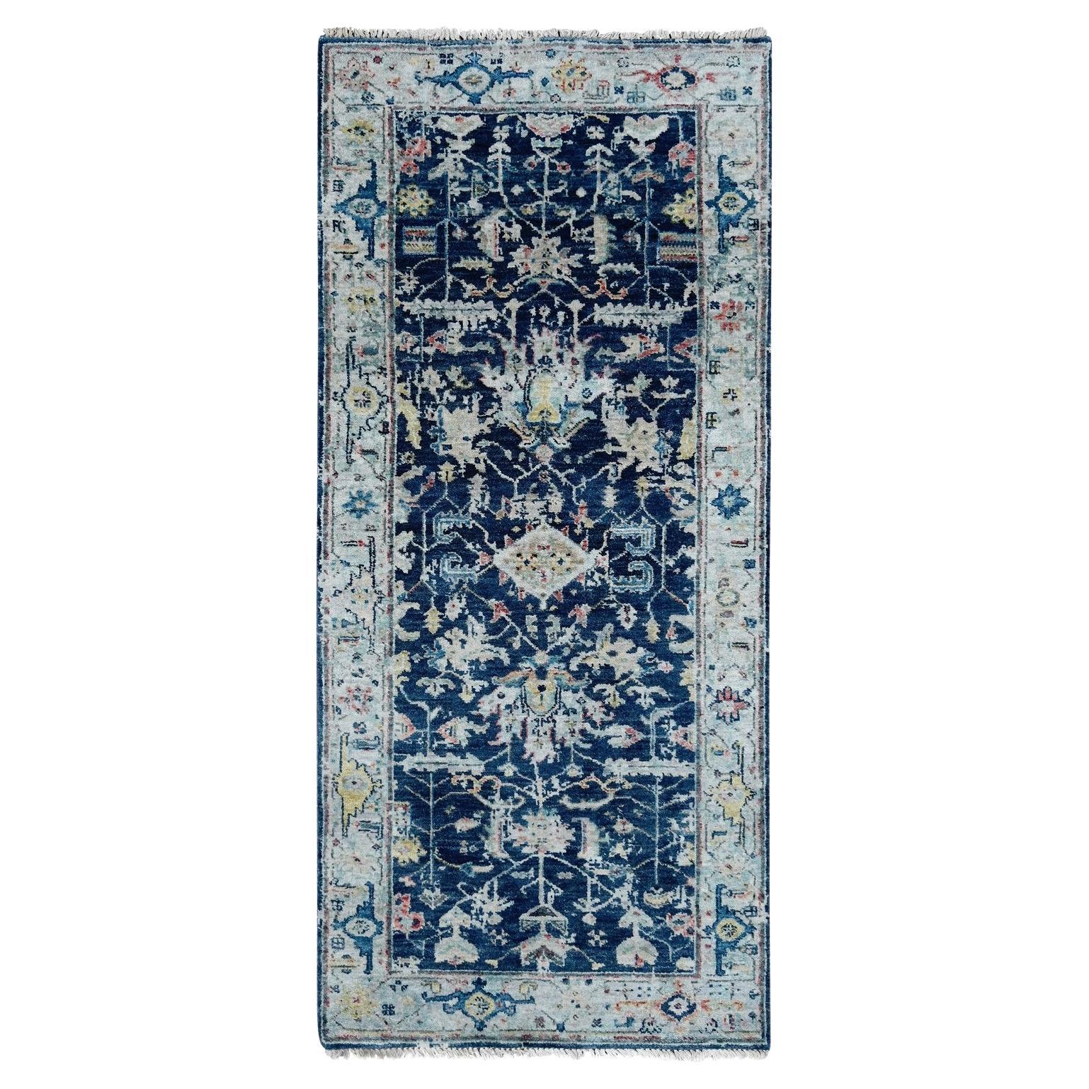 2
7"x5
9" Blue Erased Persian Heriz All Over Design Hand Knotted Wool Runner Rug For Sale