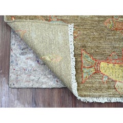 2'7"x6' Brown Afghan Peshawar Oceanic Fish Design Hand Knotted Wool Runner Rug