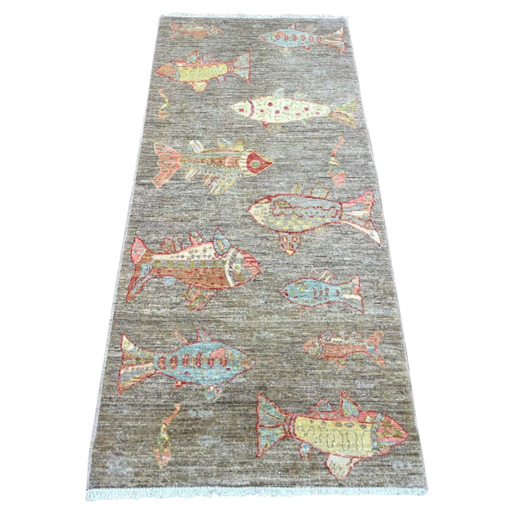 2'7"x6' Brown Afghan Peshawar Oceanic Fish Design Hand Knotted Wool Runner Rug