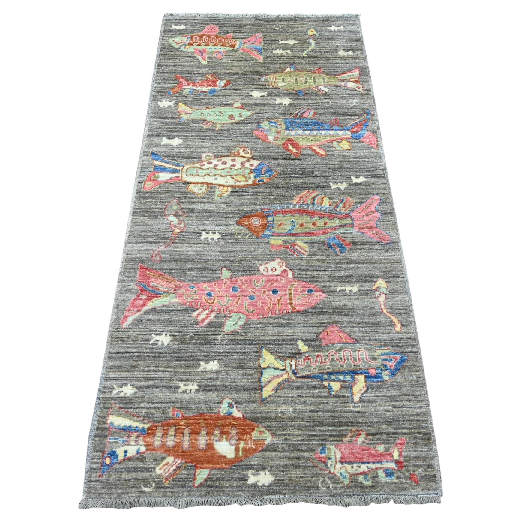 2'7"x6' Brown Afghan Peshawar Oceanic Fish Design Hand Knotted Wool Runner Rug For Sale