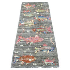 2'7"x6' Brown Afghan Peshawar Oceanic Fish Design Hand Knotted Wool Runner Rug