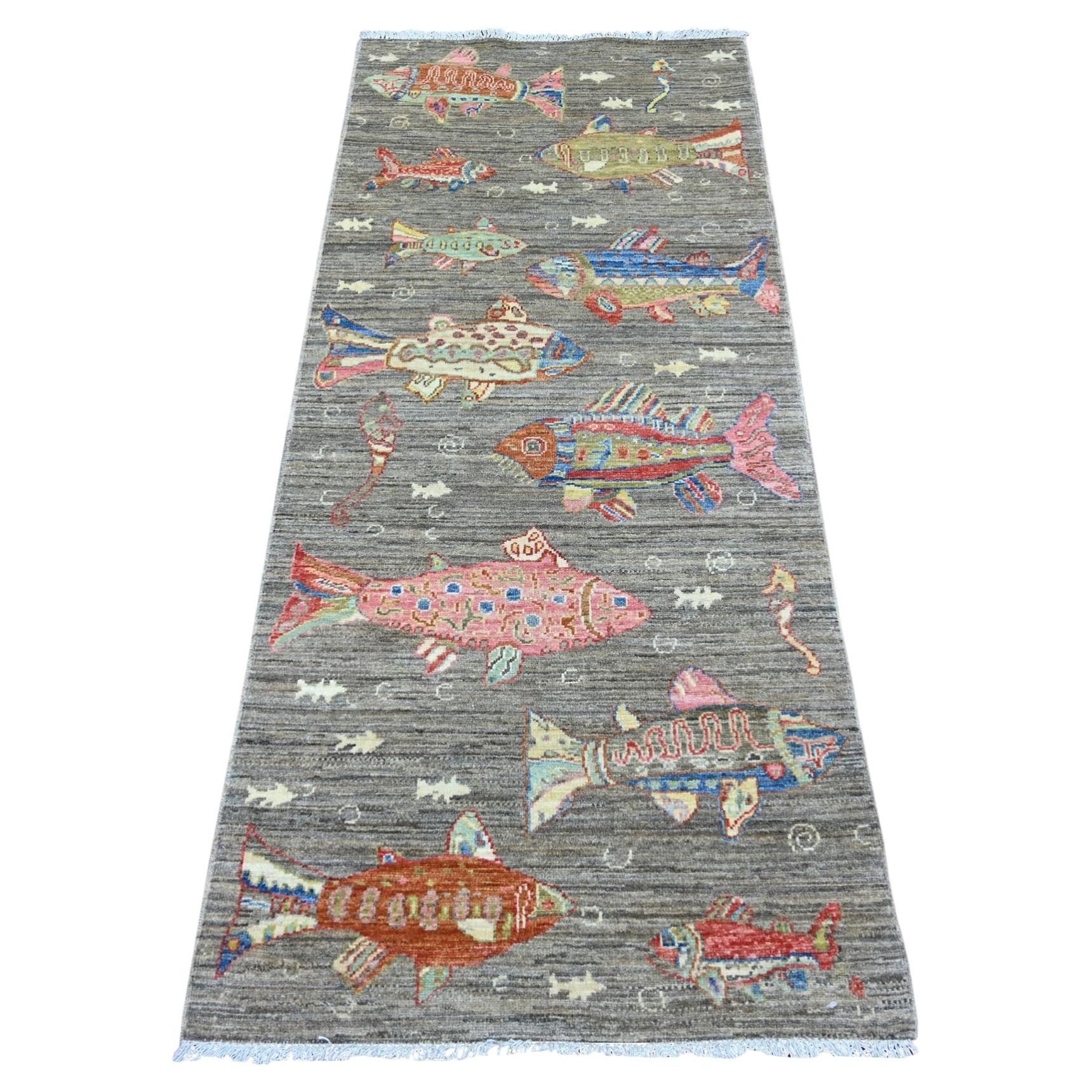 2'7"x6' Brown Afghan Peshawar Oceanic Fish Design Hand Knotted Wool Runner Rug