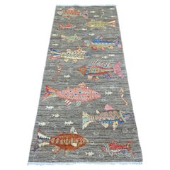2'7 "x6' Alfombra afgana marrón Peshawar Oceanic Fish Design Corredera de lana anudada a mano