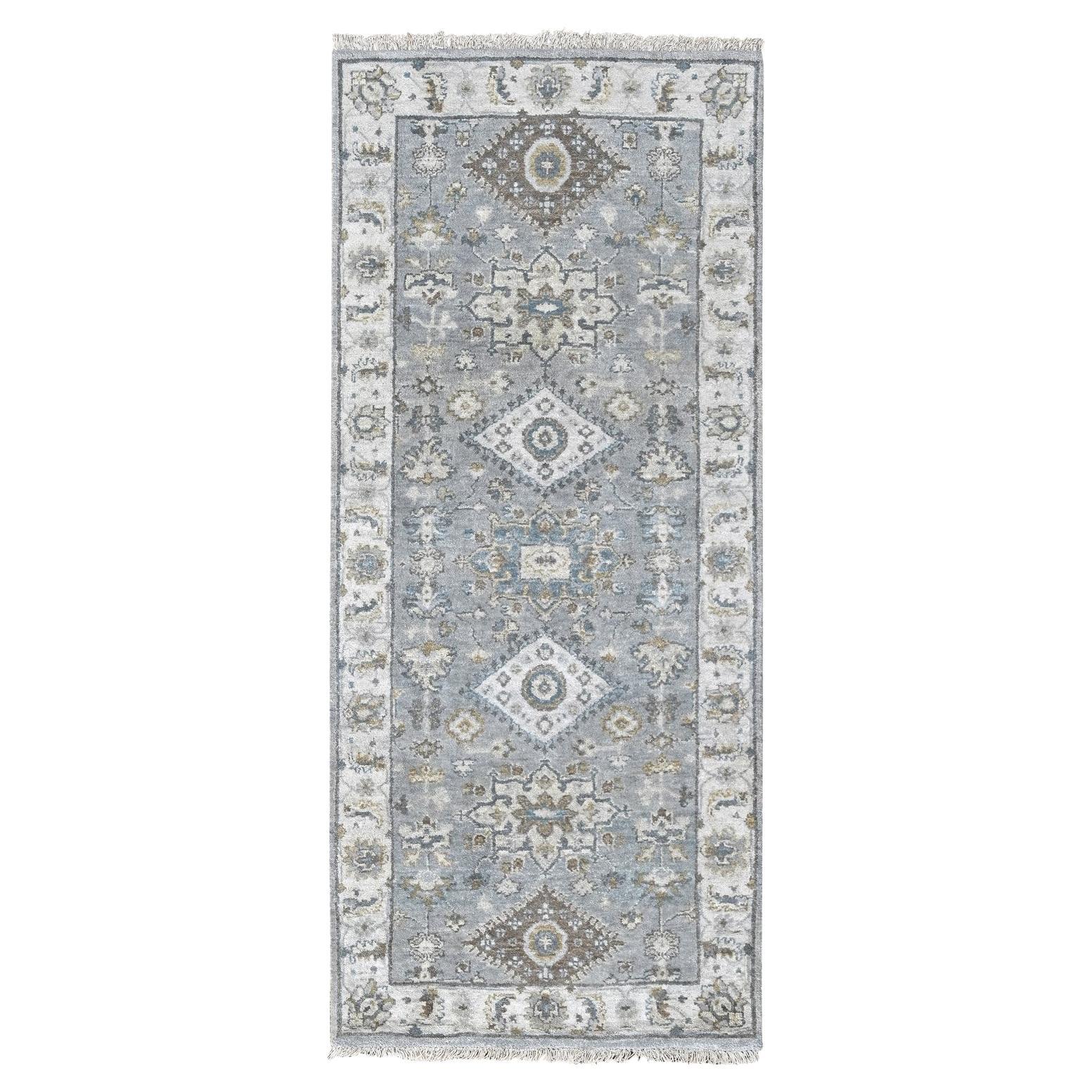 2'7"x6' Flannel Gray Karajeh Geometric Design Hand Knotted Shiny Wool Rug