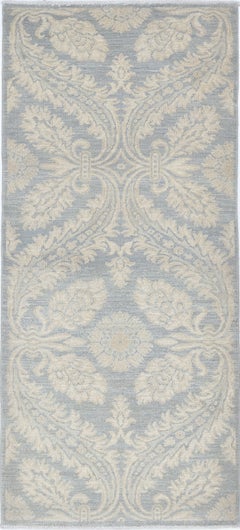 2.7x6 ft Hand Knotted Hallway Runner Rug in Light Blue & Ivory. Wool Kitchen Rug