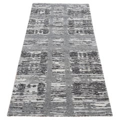 2'7 "x6' Alfombra de Corredor Anudada a Mano con Diseño Borrado Moderno de Lana Natural Gris sin Teñir