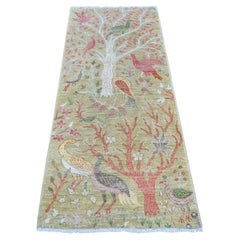 2'7"x6' Green Hand Knotted Afghan Peshawar Birds of Paradise Wool Runner Rug