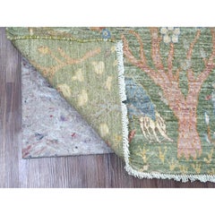 2'7"x6' Green Peshawar Birds of Paradise Design Hand Knotted Wool Runner Rug