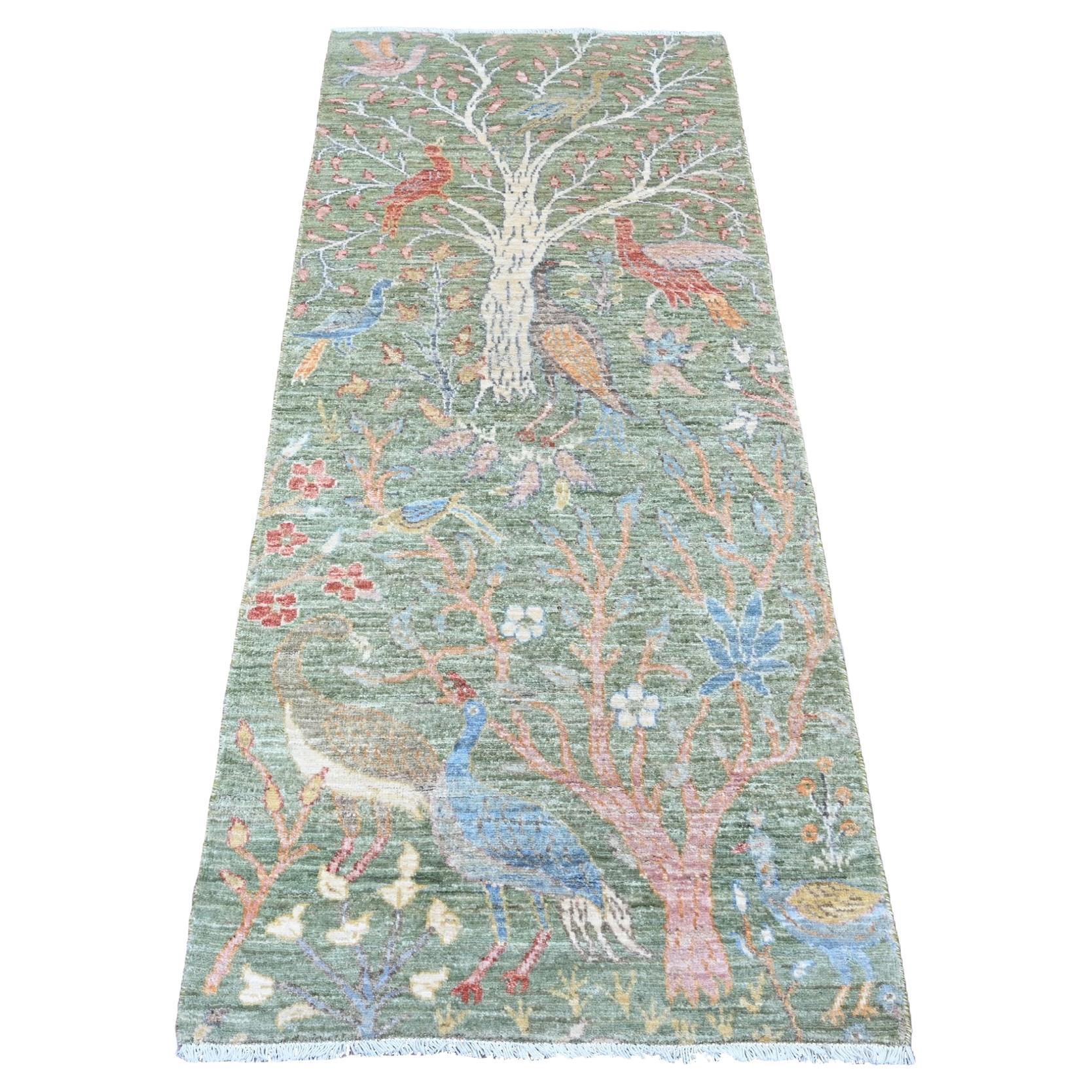 2'7 "x6' Verde Peshawar Alfombra de Lana Anudada a Mano con Diseño de Aves del Paraíso