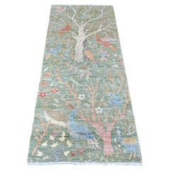 2'7 "x6' Verde Peshawar Alfombra de Lana Anudada a Mano con Diseño de Aves del Paraíso