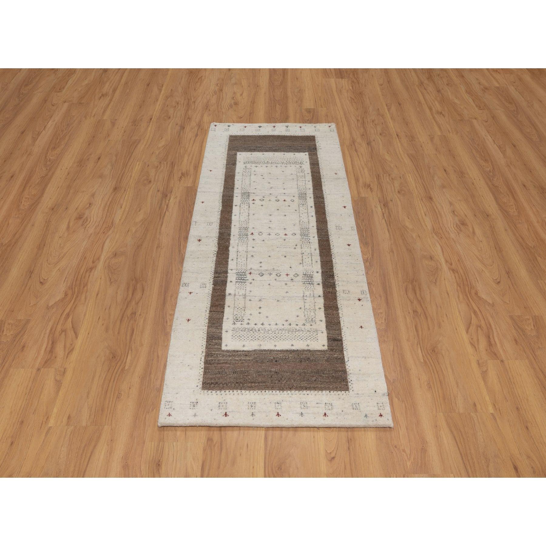 Alabaster White, Modern Striae Design with Small Animal Figurines, Soft Wool, Thick and Plush Soft Pile, Hand Knotted Lori Buft Gabbeh, Runner, Oriental Rug
Primary materials: Wool
Latex: No Pile 
height: 0.25 Inches
Style: Contemporary
Primary