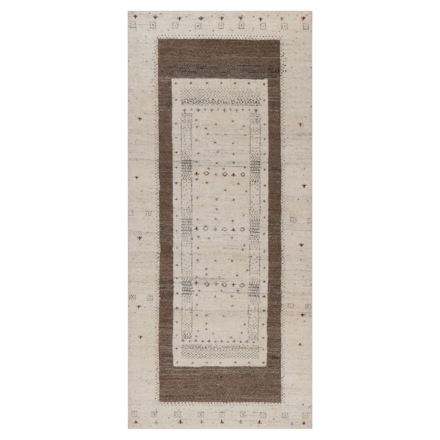 2'7"x6' Ivory Modern Striae Design Lori Buft Hand Knotted Pure Wool Runner Rug For Sale