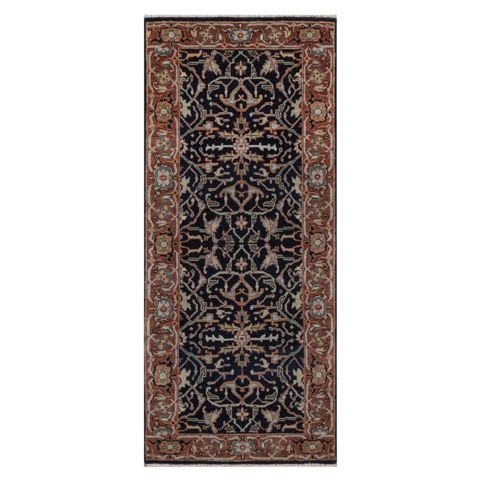2'7"x6' Midnight Blue Hand Knotted Soft Wool Fine Heriz Re-Creation Runner Rug For Sale