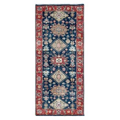 2'7"x6' Navy Blue Karajeh Design Tribal Medallion Hand Knotted Wool Runner Rug