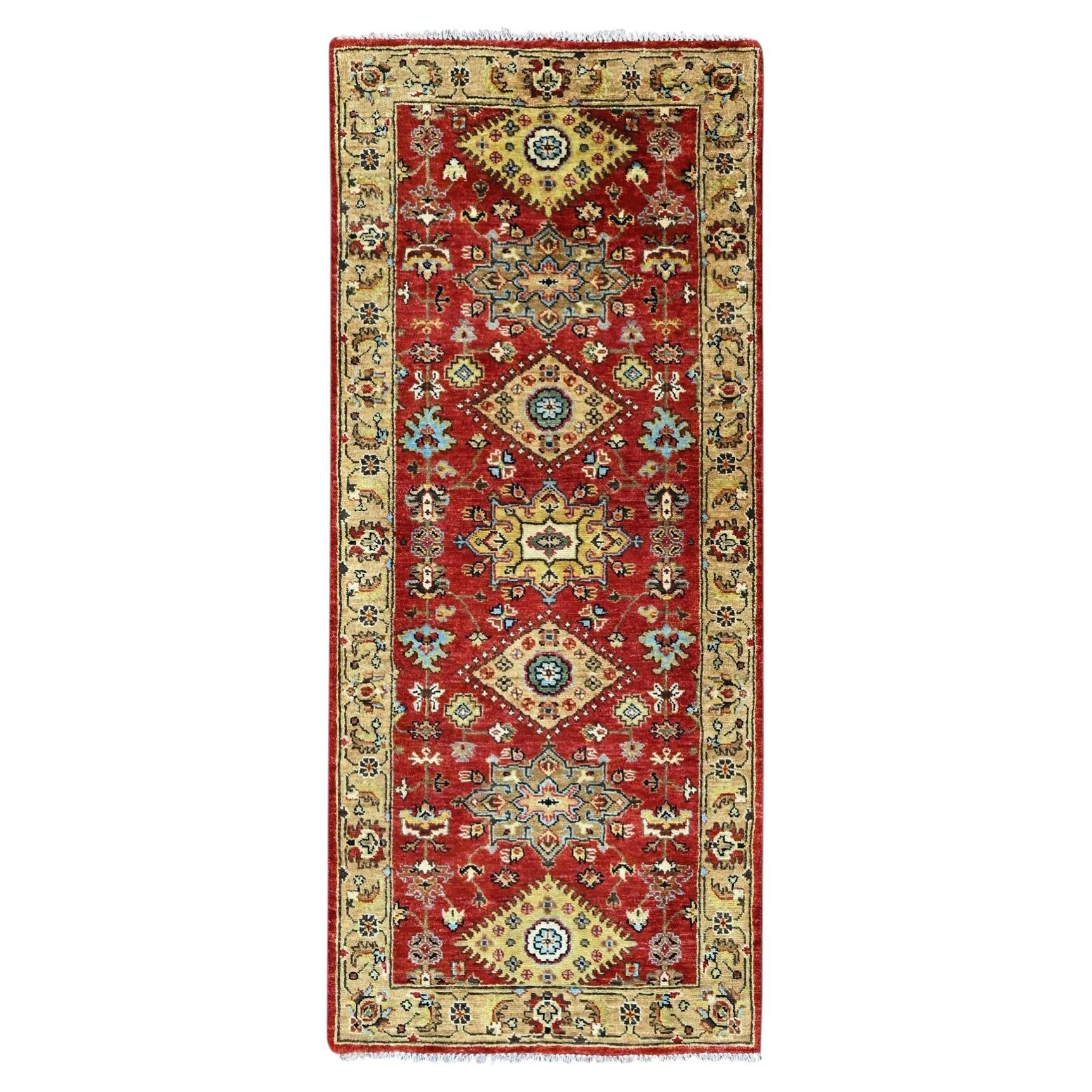2'7"x6' Red Karajeh Design with Medallions Hand Knotted Pure Wool Runner Rug