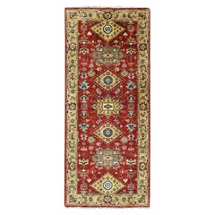 2'7"x6' Red Karajeh Design with Medallions Hand Knotted Pure Wool Runner Rug