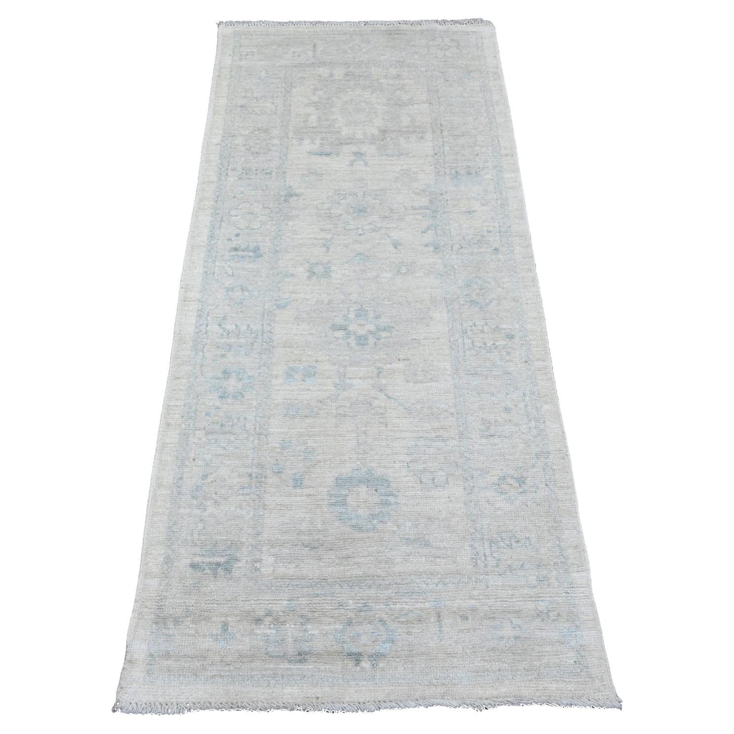 2'7"x6' White Afghan Angora Oushak Leaf Design Hand Knotted Wool Runner Rug