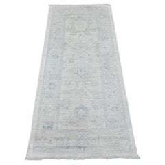 2'7"x6' White Afghan Angora Oushak Leaf Design Hand Knotted Wool Runner Rug