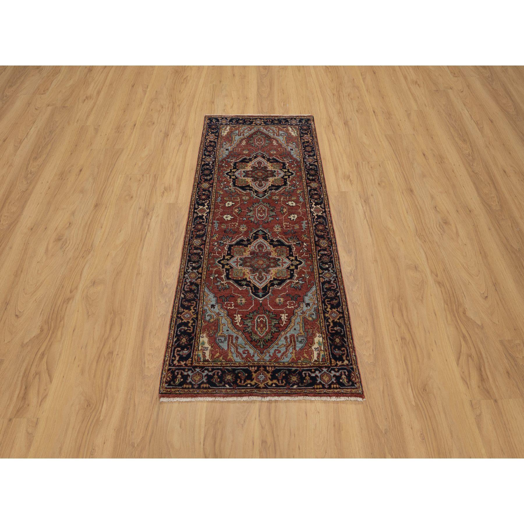 Brick Red, Antiqued Fine Heriz Re-Creation, Denser Weave, Vegetable Dyes, Lush and Plush, 100% Wool, Hand Knotted, Runner, Oriental Rug
Primary materials: Wool
Latex: No Pile 
height: 0.25 Inches
Style: Traditional
Primary color: Red
Secondary