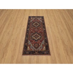 2'7"x6'1" Brick Red Antiqued Fine Heriz Re-Creation Hand Knotted Wool Runner Rug
