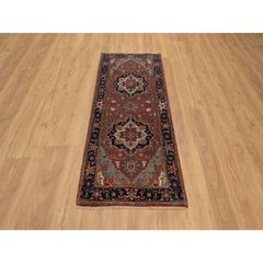 2'7"x6'1" Brick Red Antiqued Fine Heriz Re-Creation Hand Knotted Wool Runner Rug