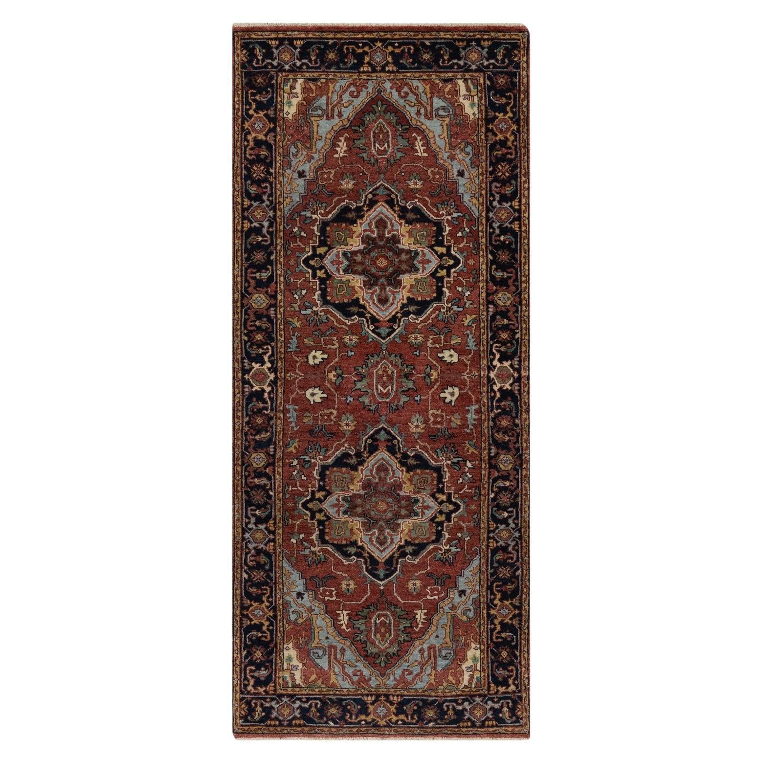 2'7"x6'1" Brick Red Antiqued Fine Heriz Re-Creation Hand Knotted Wool Runner Rug For Sale
