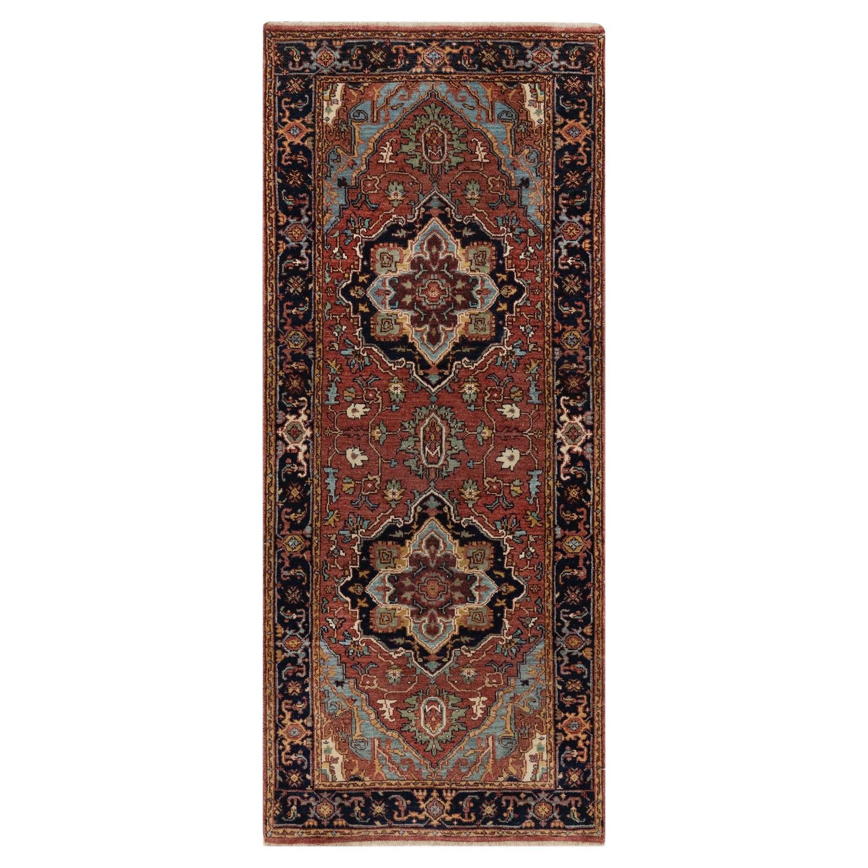 2'7"x6'1" Brick Red Antiqued Fine Heriz Re-Creation Hand Knotted Wool Runner Rug
