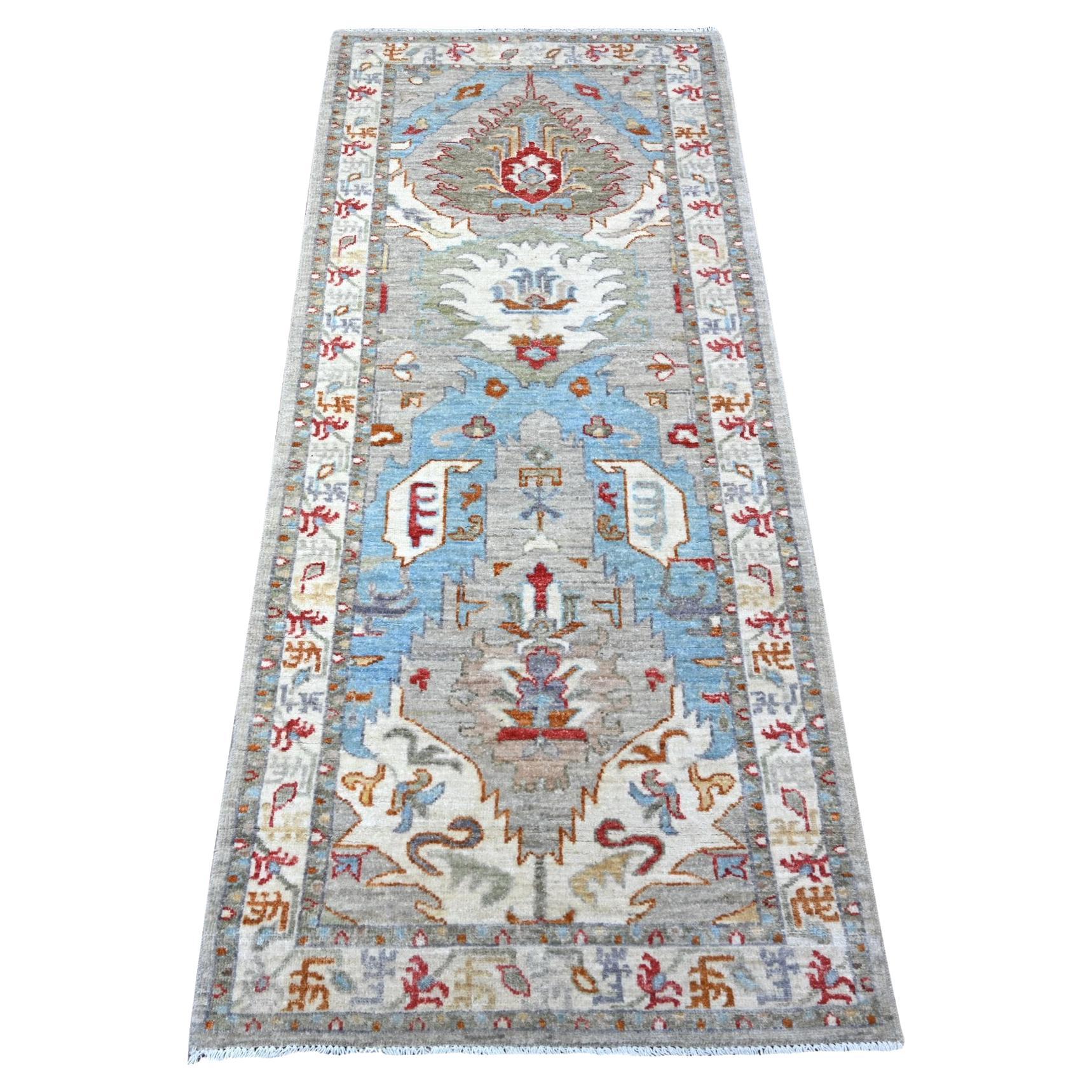 2'7"x6'1" Gray Sultanabad Leaf Design Hand Knotted Natural Dyes Wool Runner Rug For Sale