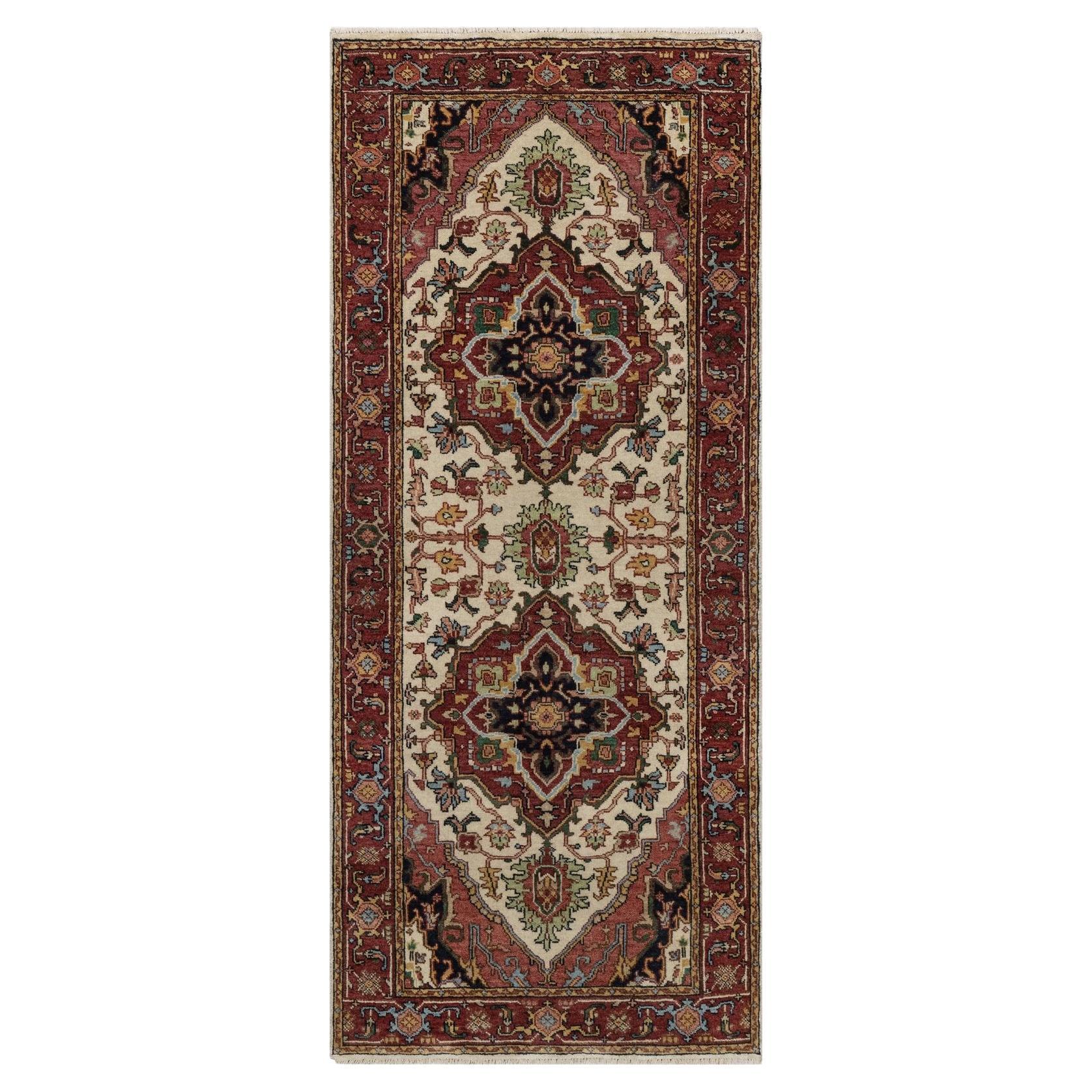 2
7 "x6
1" Elfenbein Antik Fein Heriz Re-Kreation Hand geknüpft Wolle Läufer Teppich