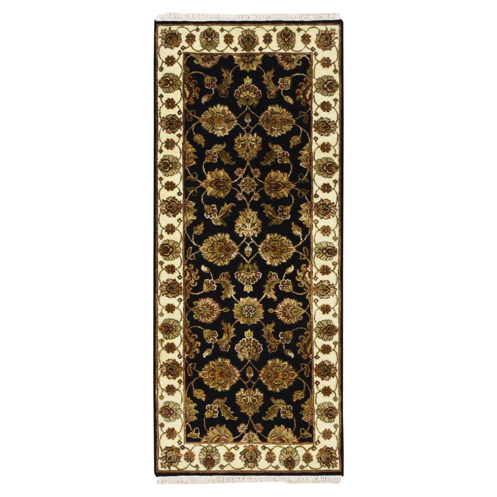2'7"x6'2" Black Rajasthan with Leaf Design Hand Knotted Wool and Silk Runner Rug