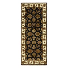 2'7"x6'2" Black Rajasthan with Leaf Design Hand Knotted Wool and Silk Runner Rug