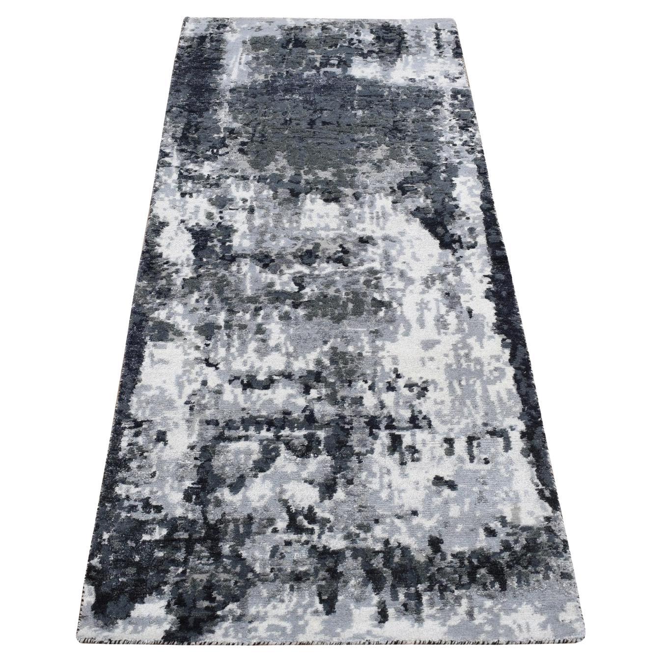 2'7 "x6'2" Olive Schwarz Abstrakt Design Wolle und Seide Hand geknüpft Läufer Teppich