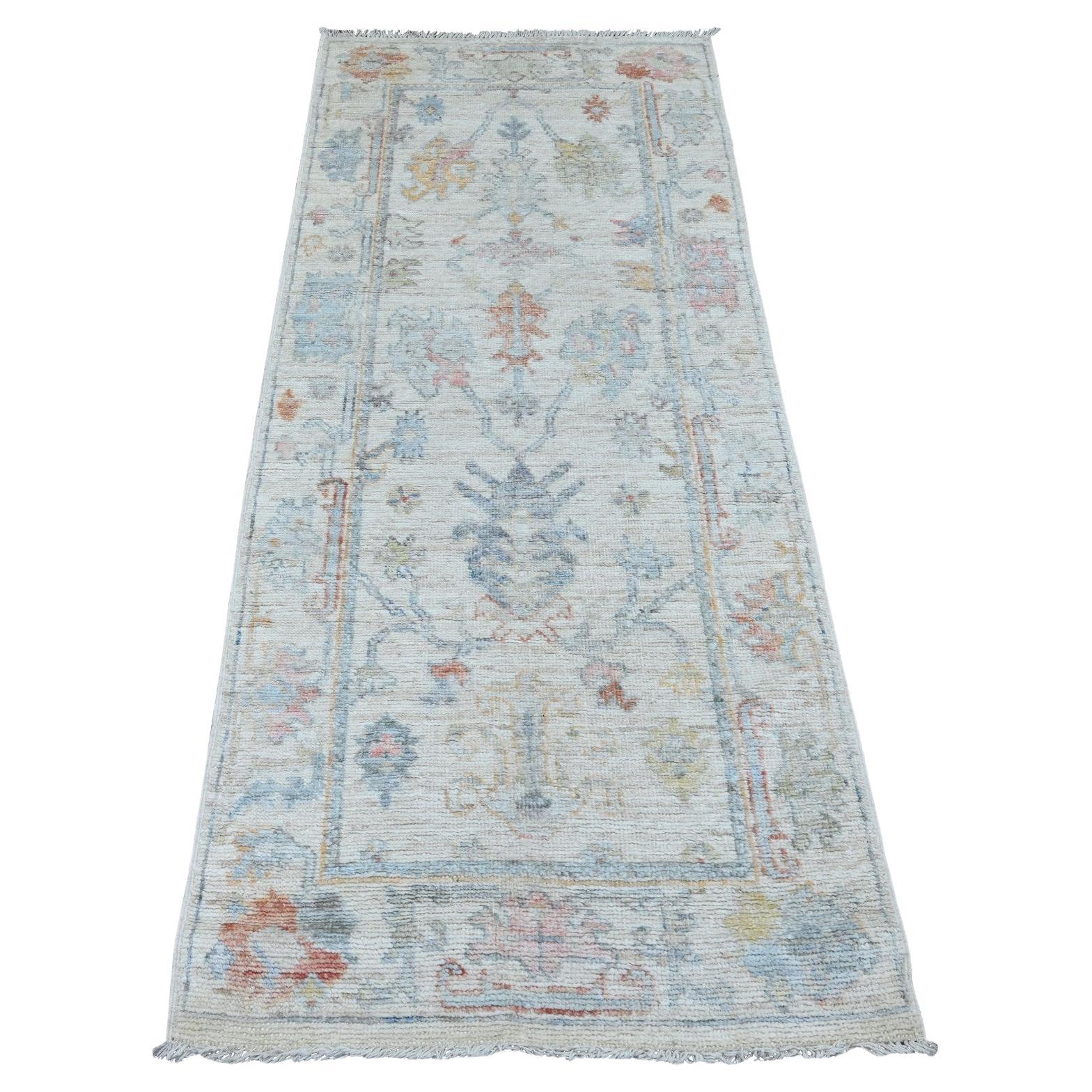 Tappeto Runner in lana annodato a mano 2'7 "x6'2" bianco afghano Angora Oushak Leaf Design